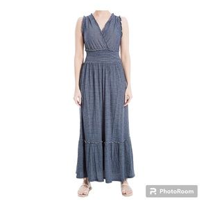 NWT Max Studio Navy Blue & White Striped Smock Tiered V-Neck Maxi Dress | Size S